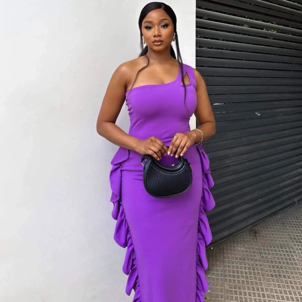 ZARA Sexy One Shoulder Solid Ruffle Hem Maxi Dress African Bodycon
